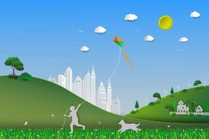 día mundial del medio ambiente concepto de eco amigable salvar la tierra y la naturaleza niño jugando cometa en el prado con perro vector