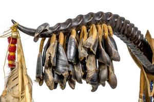 Dance rattle of the North American Indian horn with deer hooves and feathers photo