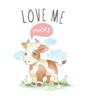 Love Slogan with Cow Cartoon in the Field Illustration vector