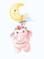 lindo elefante rosa colgando de la luna ilustración vector