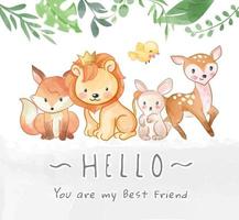 Linda amistad de animales salvajes y hola ilustración de lema vector