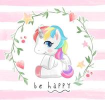 unicornio de dibujos animados lindo en ilustración de marco de flor vector