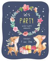linda tarjeta de fiesta de animales con ilustración de corona floral vector