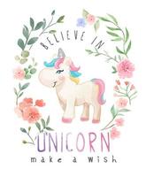 unicornio de dibujos animados en la ilustración de marco de flor silvestre vector