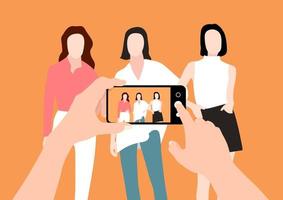 las manos de un hombre tomando un grupo de fotos de mujeres con un teléfono inteligente y mostrando la foto en la pantalla vector