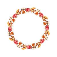 Vector frame autumn bouquet wreath. Orange leaves, berries and pumpkin isolated on white background with place for text. Perfect for seasonal holidays, Thanksgiving Day