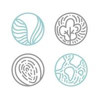 conjunto de emblemas bio redondos en un estilo lineal de círculo. Logotipo de hojas verdes de plantas tropicales. Insignia abstracta de vector para el diseño de productos naturales, floristería, cosméticos, conceptos de ecología, salud, spa