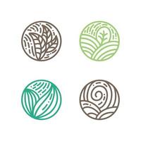 Set of round bio emblems in a circle linear style. Tropical plant green leaves logo. Vector abstract badge for design of natural products, flower shop, cosmetics, ecology concepts, health, spa