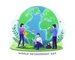 Hand drawn World Environment Day with People are gardening and cleaning the earth vector illustration
