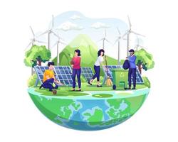 World Environment Day with People are taking care of the earth by gardening and cleaning vector illustration