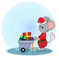 Vector image of a mouse in a Santa Claus costume carries gifts in a cart