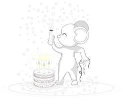 Vector image of a mouse celebrating a birthday with a big cake and a cracker