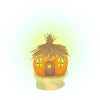 Vector image of a mouse house in the form of a pumpkin with a thatched roof and carved Windows