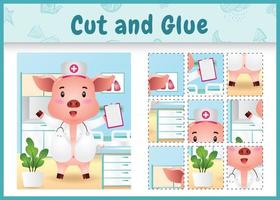 Children board game cut and glue with a cute pig using costume nurses vector