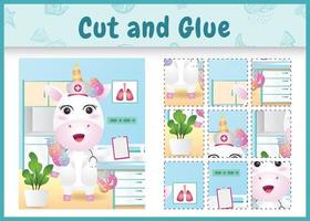 Children board game cut and glue with a cute unicorn using costume nurses vector