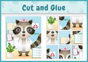 Children board game cut and glue with a cute raccoon using costume nurses vector