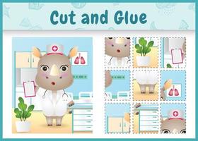 Children board game cut and glue with a cute rhino using costume nurses vector