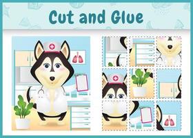 Children board game cut and glue with a cute husky dog using costume nurses vector