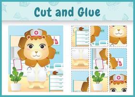 Children board game cut and glue with a cute lion using costume nurses vector