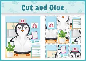 Children board game cut and glue with a cute penguin using costume nurses vector