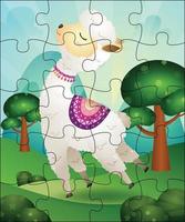Ilustración de juego de rompecabezas para niños con linda alpaca vector