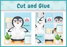 Children board game cut and glue with a cute penguin doctor character illustration vector