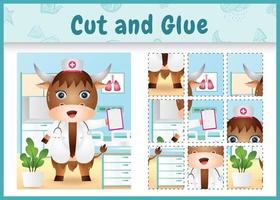 Children board game cut and glue with a cute buffalo using costume nurses vector