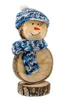 Handmade wooden snowman with crochet hat and scarf isolated on white photo