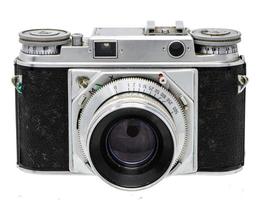 Portrait of an old camera with sun visor isolated on white photo
