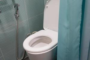 Toilet flush ceramic bowl with green curtain in bathroom photo