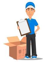 Smiling delivery man in blue uniform holding checklist vector