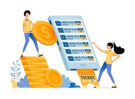 People buying movie tickets using mobile app on smartphone vector