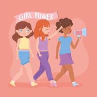 womens day young women with megaphone activists cartoon vector