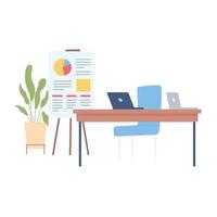 office workspace desk chair laptop presentation board and plant vector