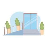escalera de construcción de fachada y dibujos animados de plantas en macetas vector