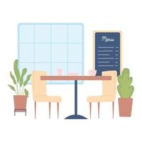 restaurant menu interior table chairs coffee cups and plants vector
