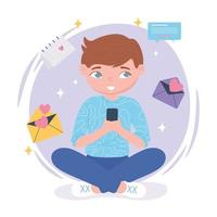 niño sentado usando la aplicación de citas de amor de chat de teléfono inteligente vector