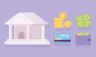set online banking bank money bank card wallet coin bills icons vector