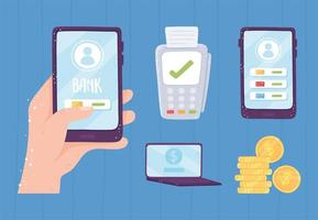 Establecer la banca en línea terminal pos smartphone monedas dinero vector