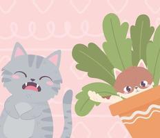 lindo gato gris y gatito en plantas en macetas mascotas vector