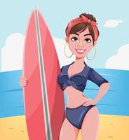 Chica joven con una tabla de surf en la playa de arena
