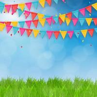 Green Grass Field and Blue Sky Background with Holiday Flags vector