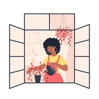 mujer joven, regar plantas, en, un, ventana abierta vector