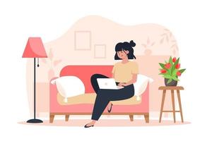 Young woman sitting on sofa and working on laptop from home vector