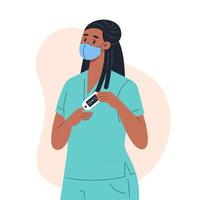 Nurse wearing a medical mask measures the oxygen level in the blood with a finger pulse oximeter vector