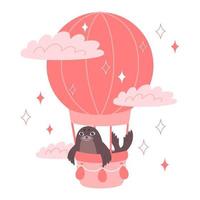 Seal rides in a hot air balloon, baby animal illustration for nursery