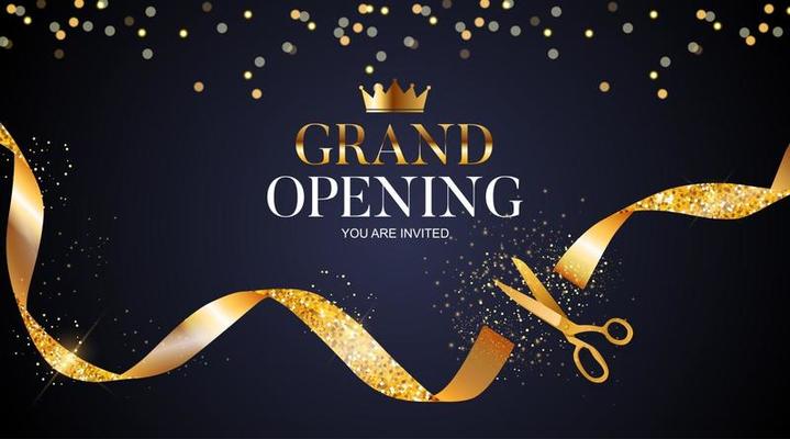 Grand opening card with red ribbon and gold scissors. Vector stock