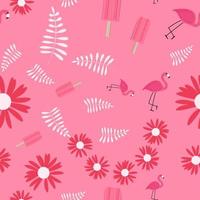 Seamless Pattern background with flamingo ice cream and palm leaves vector