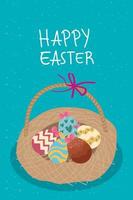 Feliz celebración de pascua tarjeta de letras con huevos en la canasta vector