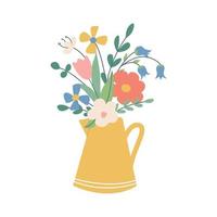 Cute beautiful flowers in a yellow jug. Vector image in a flat style on a white background.